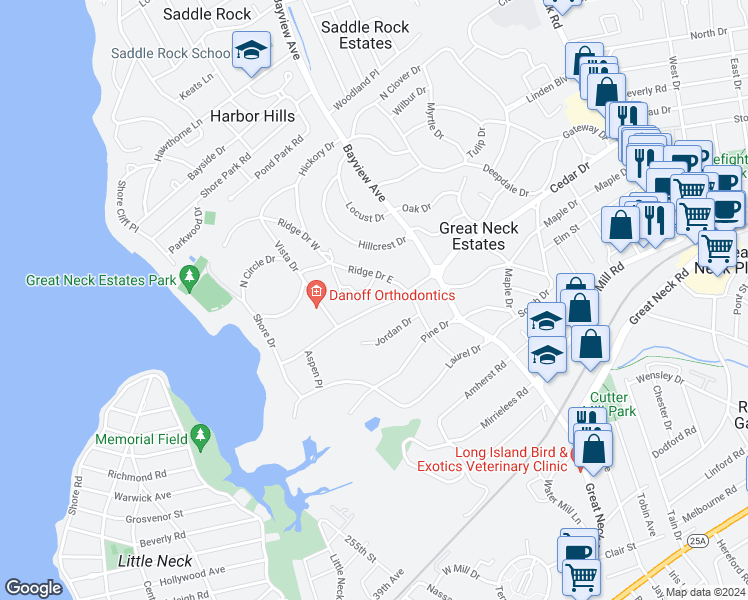 map of restaurants, bars, coffee shops, grocery stores, and more near 77 Cedar Drive in Great Neck