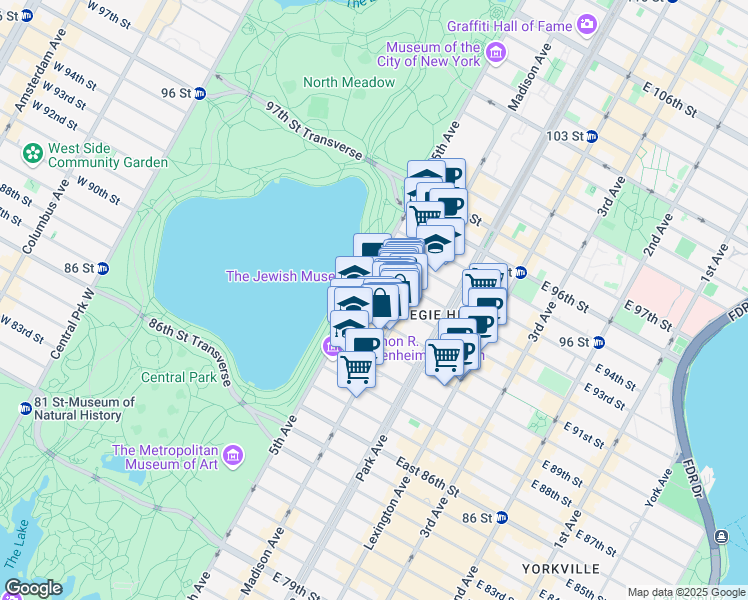 map of restaurants, bars, coffee shops, grocery stores, and more near 6 East 92nd Street in New York