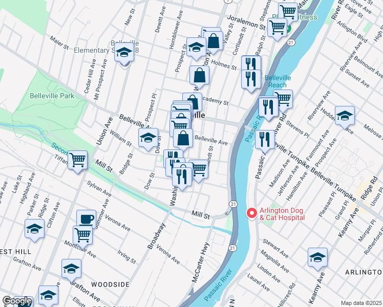 map of restaurants, bars, coffee shops, grocery stores, and more near 16 Greenwich Street in Belleville