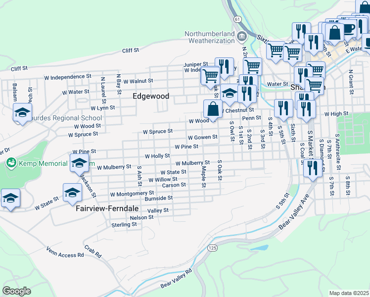 map of restaurants, bars, coffee shops, grocery stores, and more near 1100 West Pine Street in Fairview-Ferndale