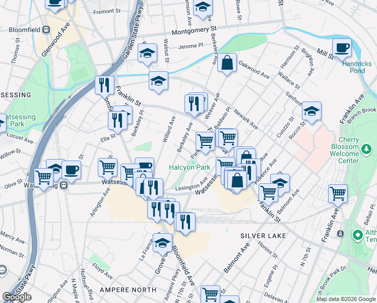 map of restaurants, bars, coffee shops, grocery stores, and more near 123 Berkeley Avenue in Bloomfield