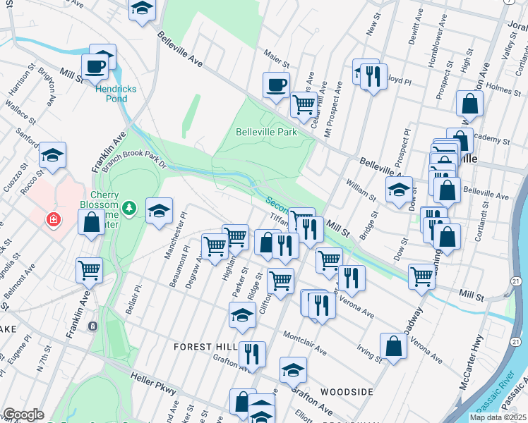 map of restaurants, bars, coffee shops, grocery stores, and more near 71 Tiffany Blvd in Newark