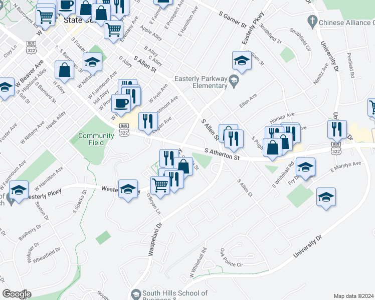 map of restaurants, bars, coffee shops, grocery stores, and more near 1108 South Atherton Street in State College