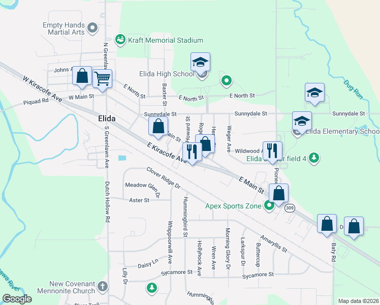 map of restaurants, bars, coffee shops, grocery stores, and more near 402 East Main Street in Elida