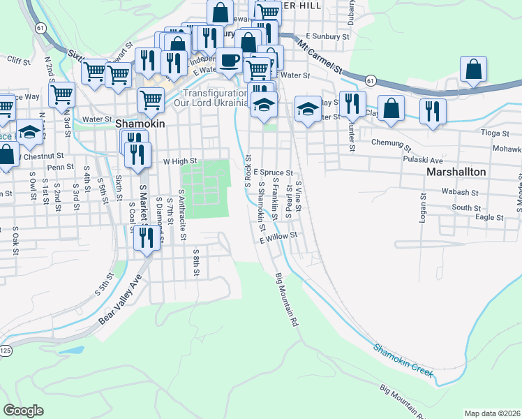 map of restaurants, bars, coffee shops, grocery stores, and more near 235 South Shamokin Street in Shamokin