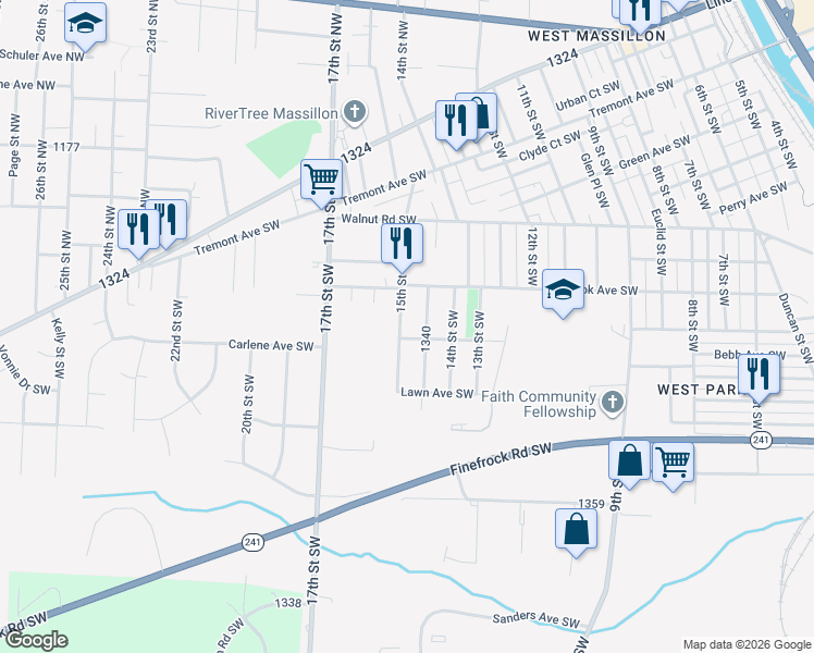 map of restaurants, bars, coffee shops, grocery stores, and more near 1018 15th Street Southwest in Massillon