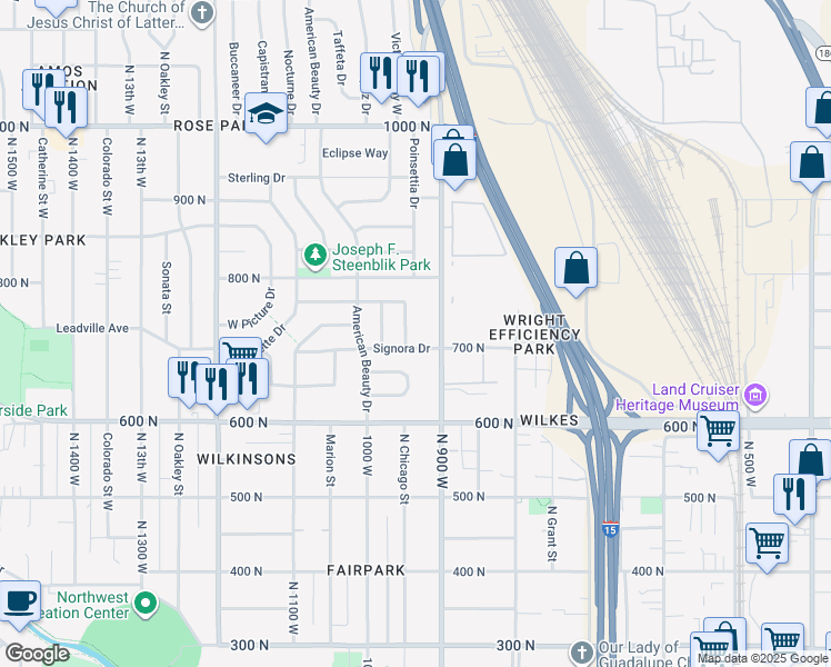 map of restaurants, bars, coffee shops, grocery stores, and more near 716 Los Angeles Street in Salt Lake City