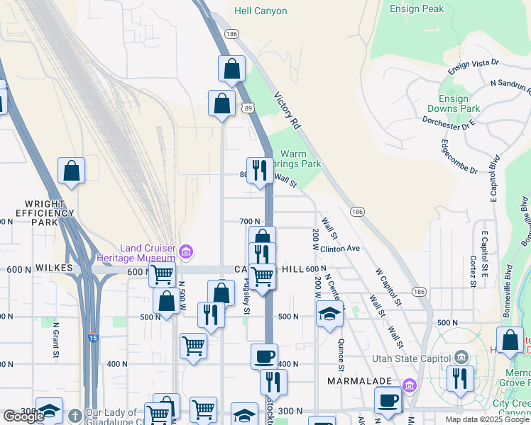 map of restaurants, bars, coffee shops, grocery stores, and more near 711 U.S. 89 in Salt Lake City
