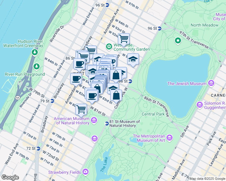 map of restaurants, bars, coffee shops, grocery stores, and more near 40 West 85th Street in New York
