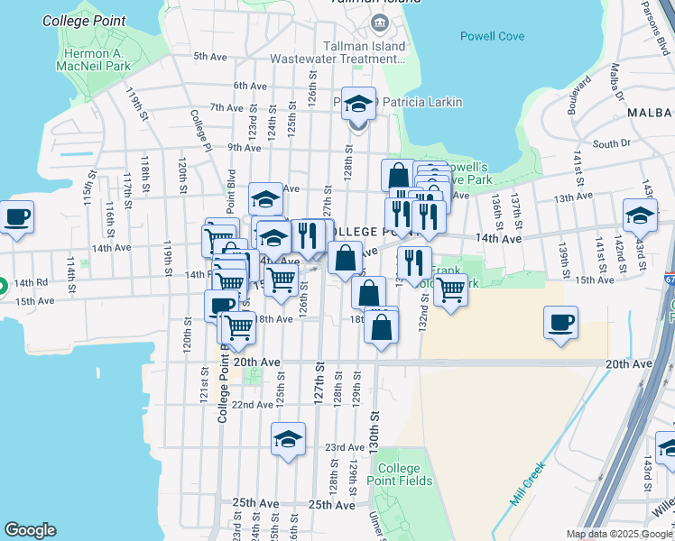 map of restaurants, bars, coffee shops, grocery stores, and more near 14-10 128th Street in Queens