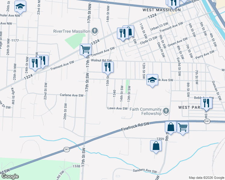 map of restaurants, bars, coffee shops, grocery stores, and more near 1018 15th Street Southwest in Massillon