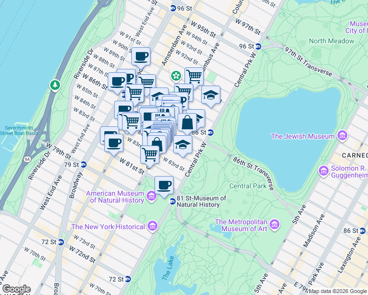 map of restaurants, bars, coffee shops, grocery stores, and more near 32 West 85th Street in New York