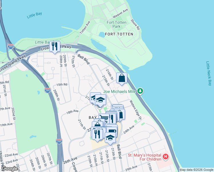 map of restaurants, bars, coffee shops, grocery stores, and more near 17-04 215th Street in Queens