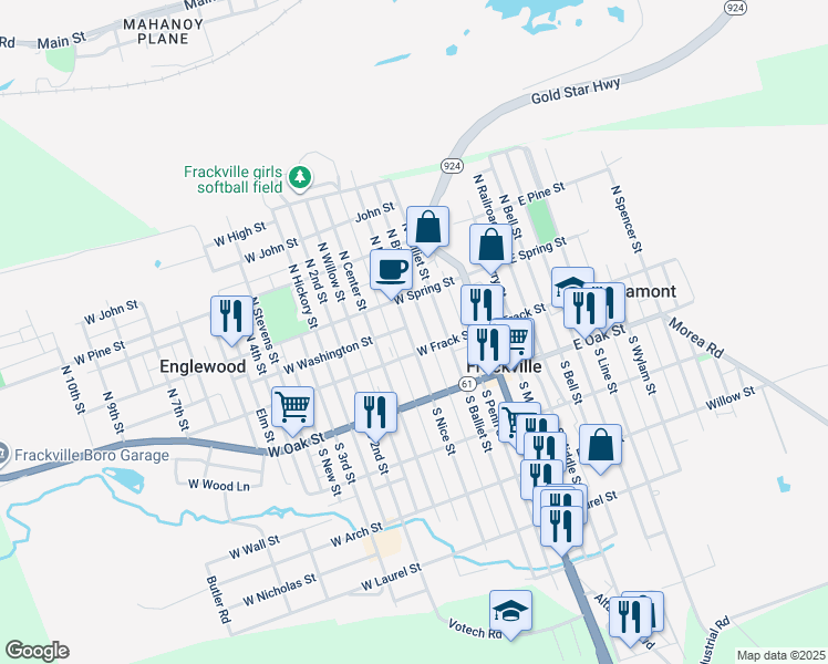 map of restaurants, bars, coffee shops, grocery stores, and more near 23 North Nice Street in Frackville