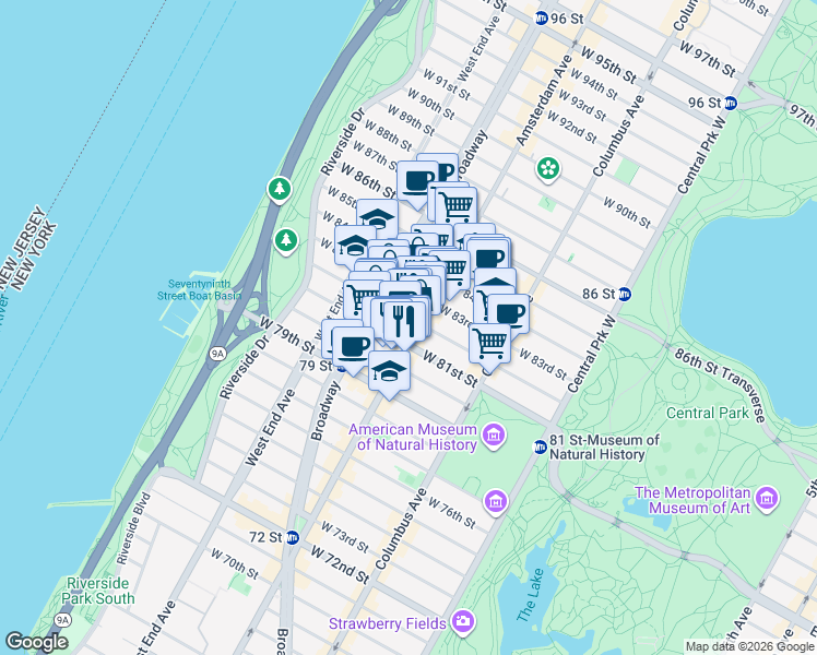 map of restaurants, bars, coffee shops, grocery stores, and more near 454 Amsterdam Avenue in New York