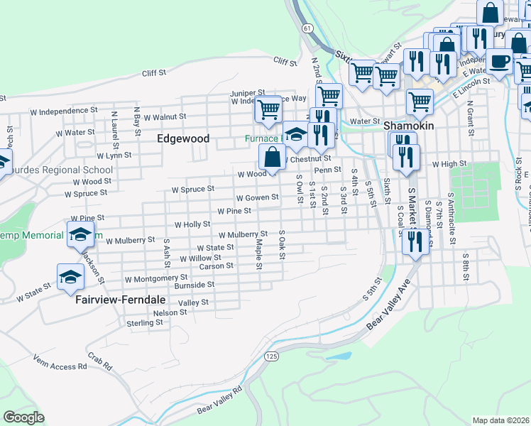 map of restaurants, bars, coffee shops, grocery stores, and more near 934 West Pine Street in Fairview-Ferndale
