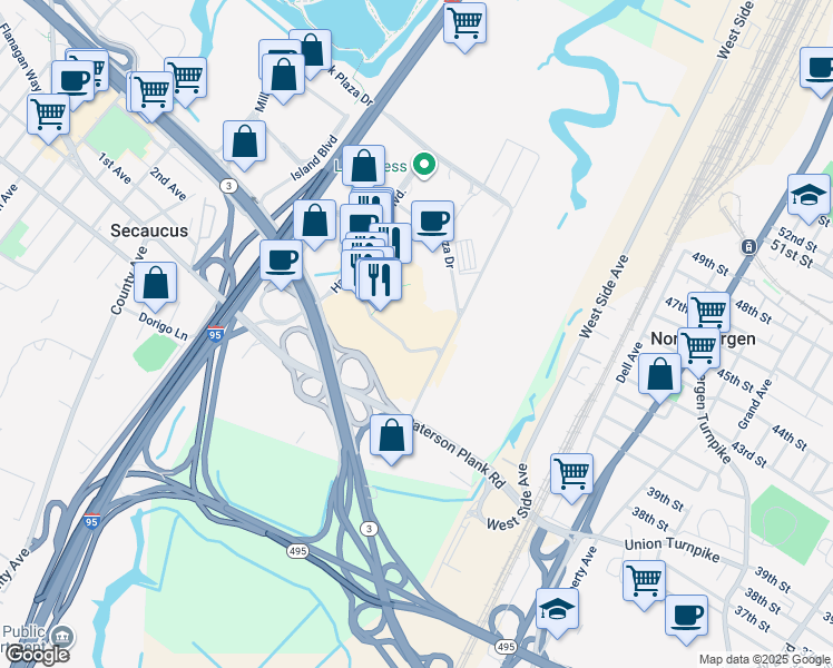 map of restaurants, bars, coffee shops, grocery stores, and more near 100 Plaza Drive in Secaucus