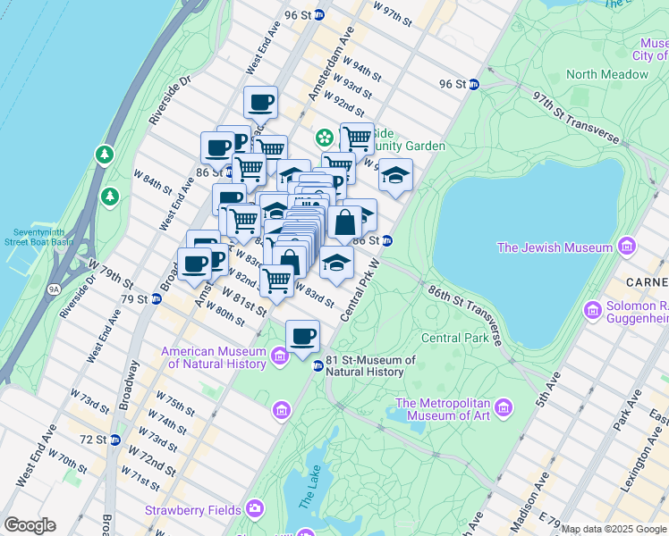 map of restaurants, bars, coffee shops, grocery stores, and more near 42 West 85th Street in New York