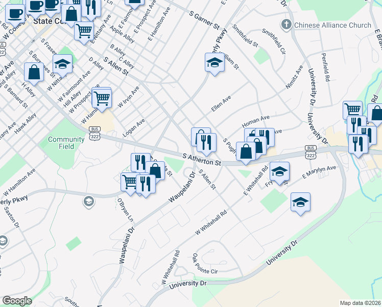map of restaurants, bars, coffee shops, grocery stores, and more near 1177 South Atherton Street in State College