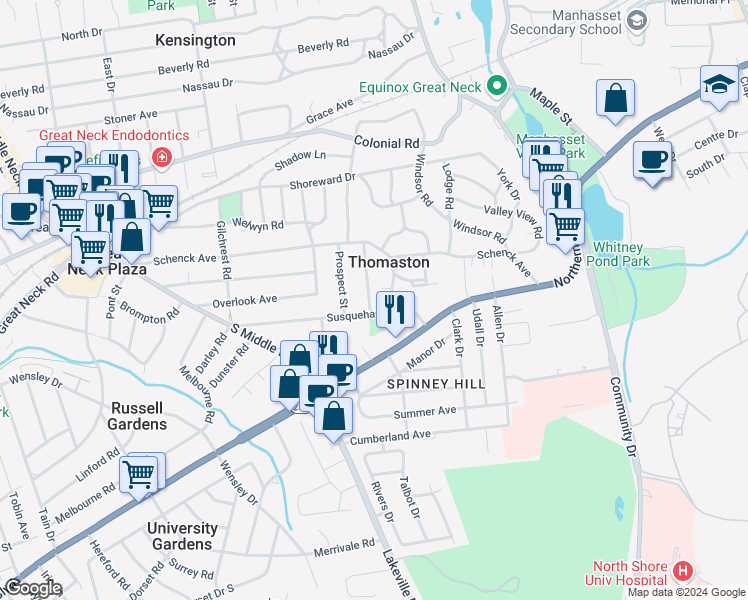 map of restaurants, bars, coffee shops, grocery stores, and more near 35 Spruce Street in Great Neck