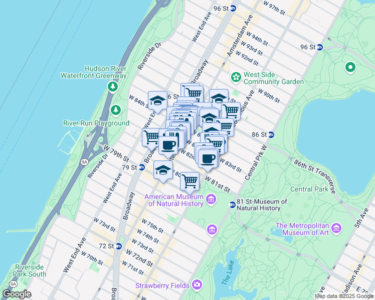 map of restaurants, bars, coffee shops, grocery stores, and more near 146 West 83rd Street in New York