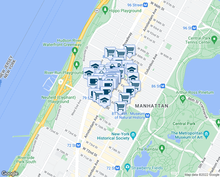 map of restaurants, bars, coffee shops, grocery stores, and more near 454 Amsterdam Avenue in New York