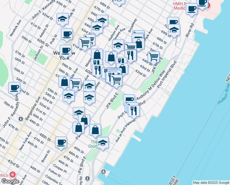 map of restaurants, bars, coffee shops, grocery stores, and more near 5915 JFK Boulevard East in West New York