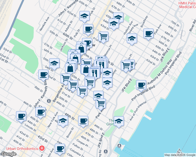 map of restaurants, bars, coffee shops, grocery stores, and more near 5607 Hudson Avenue in West New York