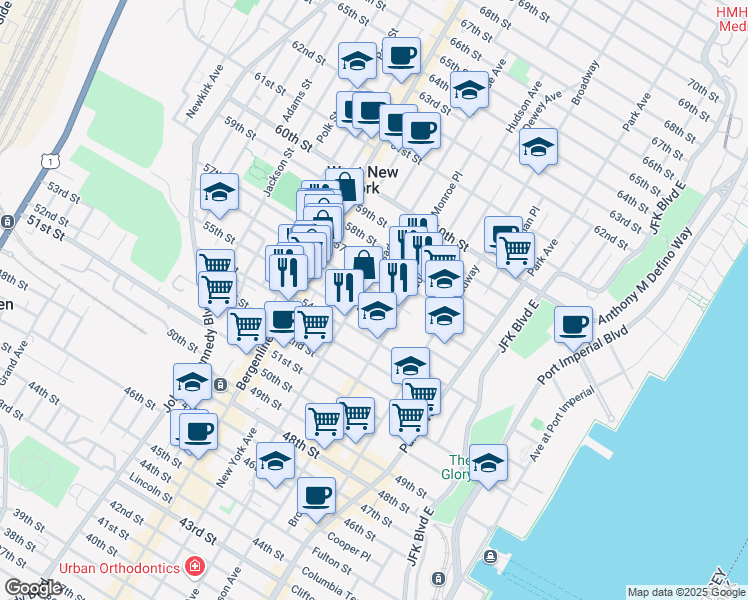 map of restaurants, bars, coffee shops, grocery stores, and more near 5500 Palisade Avenue in West New York