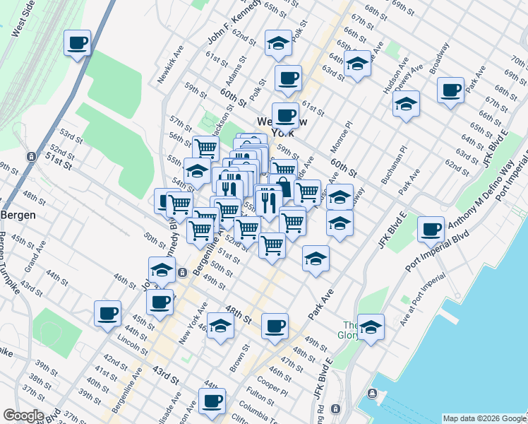 map of restaurants, bars, coffee shops, grocery stores, and more near 417 54th Street in West New York