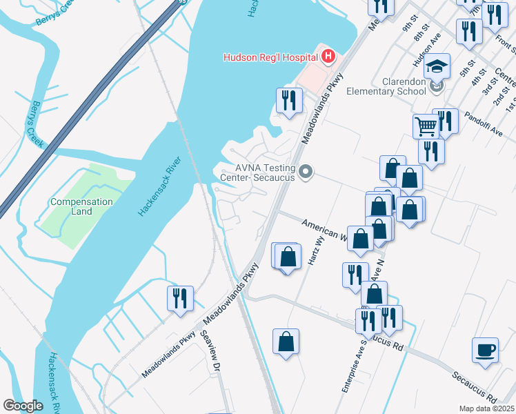 map of restaurants, bars, coffee shops, grocery stores, and more near 625 Sanderling Court in Secaucus