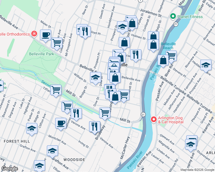 map of restaurants, bars, coffee shops, grocery stores, and more near 100 William Street in Belleville