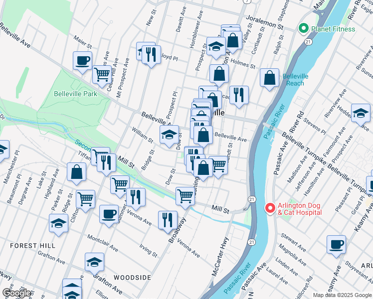 map of restaurants, bars, coffee shops, grocery stores, and more near 132 William Street in Belleville
