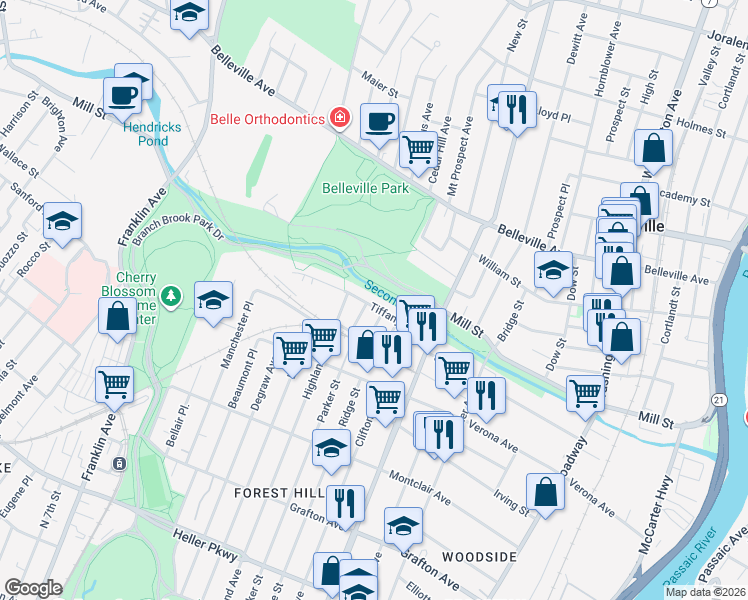 map of restaurants, bars, coffee shops, grocery stores, and more near 71 Tiffany Boulevard in Newark