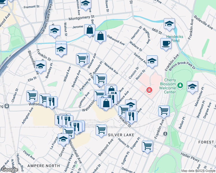 map of restaurants, bars, coffee shops, grocery stores, and more near 360 Watsessing Avenue in Bloomfield