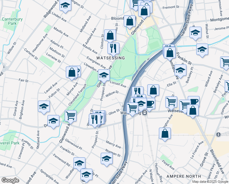map of restaurants, bars, coffee shops, grocery stores, and more near 78 Willow Street in Bloomfield