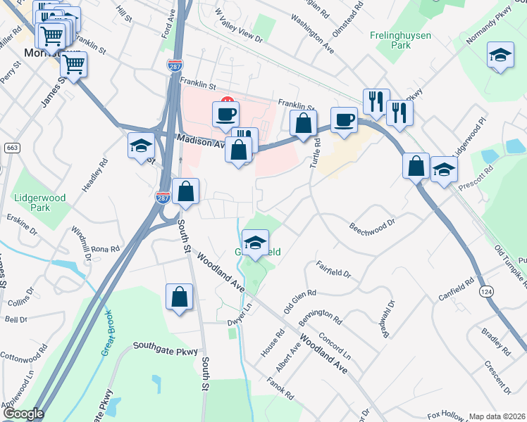 map of restaurants, bars, coffee shops, grocery stores, and more near 4 A Dorado Drive in Morristown