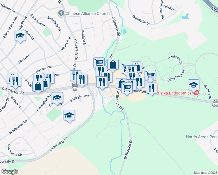map of restaurants, bars, coffee shops, grocery stores, and more near 1820 South Atherton Street in State College