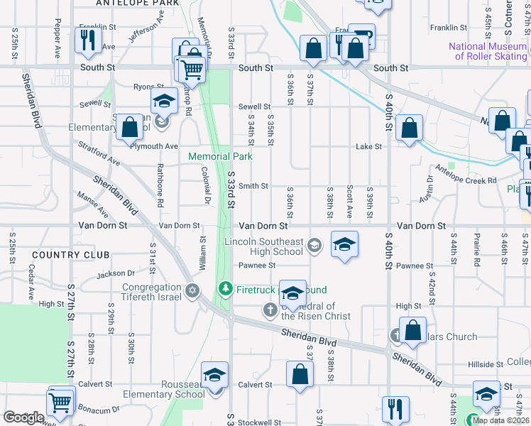 map of restaurants, bars, coffee shops, grocery stores, and more near 2757 South 35th Street in Lincoln
