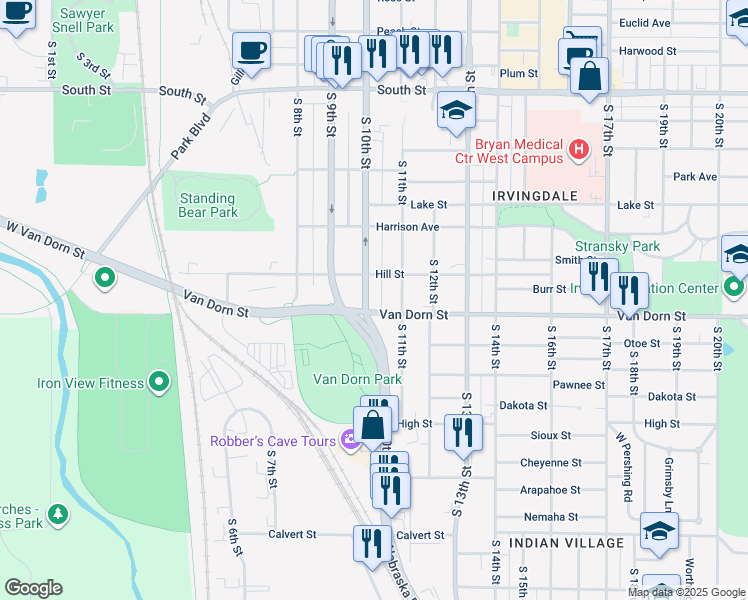 map of restaurants, bars, coffee shops, grocery stores, and more near 2750 South 10th Street in Lincoln