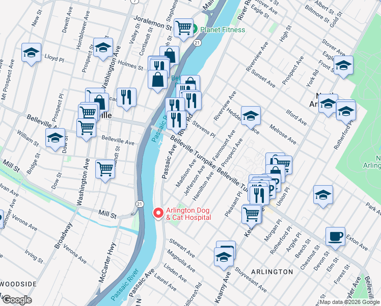 map of restaurants, bars, coffee shops, grocery stores, and more near 2 Webster Avenue in Kearny