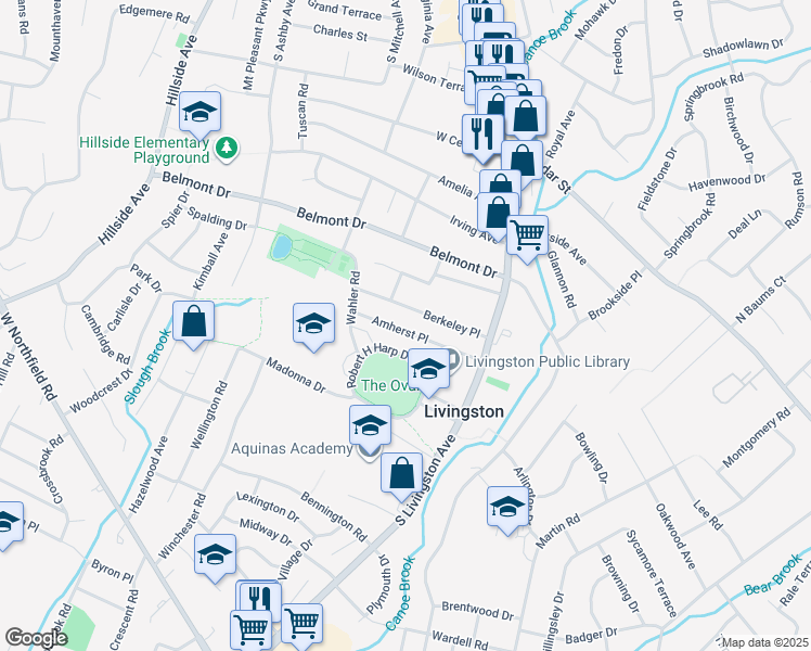 map of restaurants, bars, coffee shops, grocery stores, and more near 36 Amherst Place in Livingston