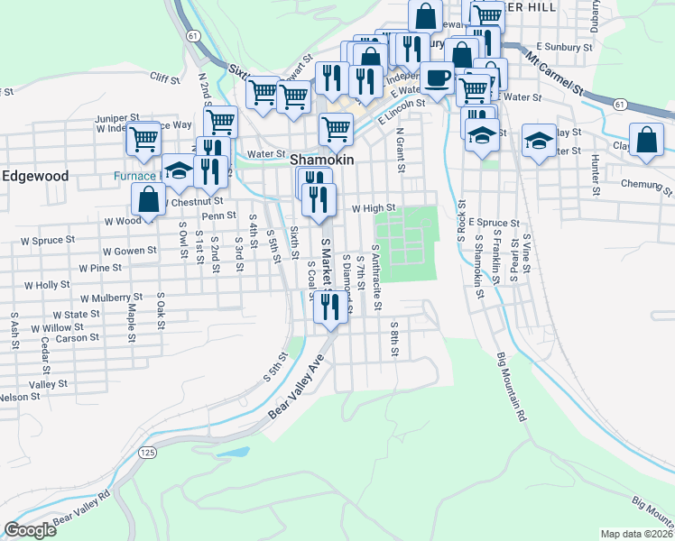map of restaurants, bars, coffee shops, grocery stores, and more near 231 South Market Street in Shamokin