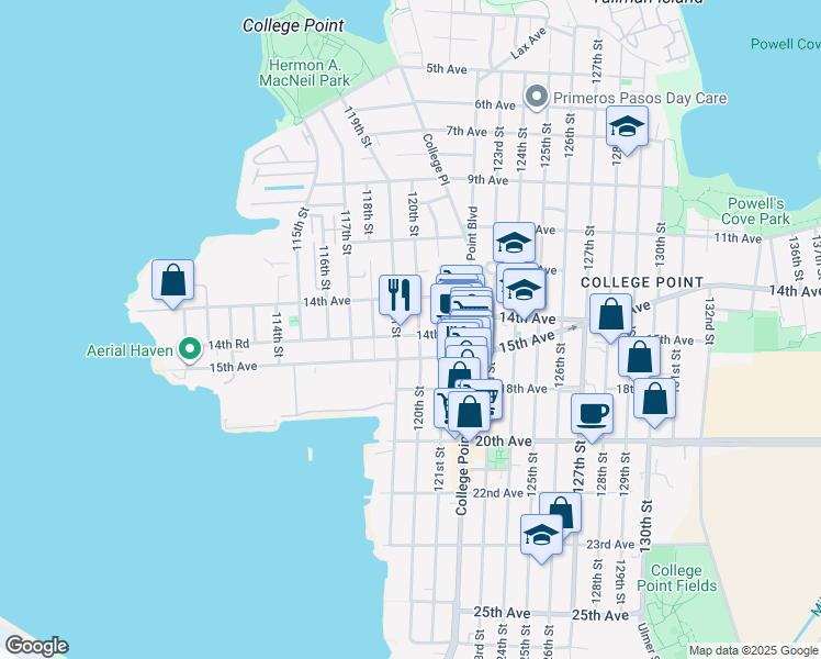 map of restaurants, bars, coffee shops, grocery stores, and more near 119-11 14th Road in Queens