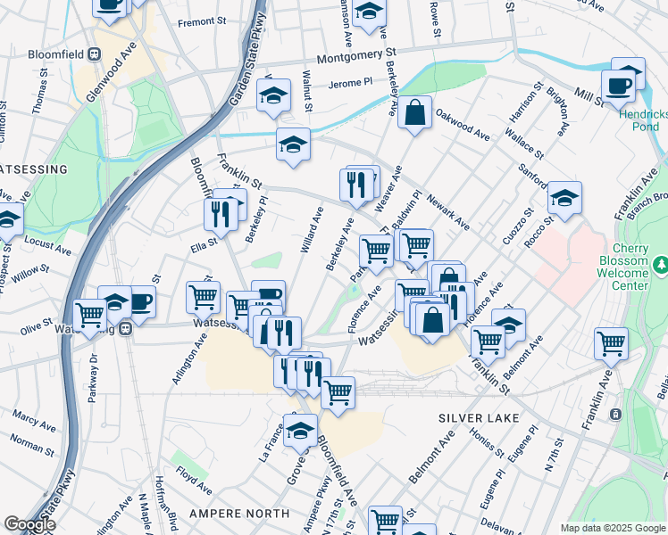 map of restaurants, bars, coffee shops, grocery stores, and more near 123 Berkeley Avenue in Bloomfield