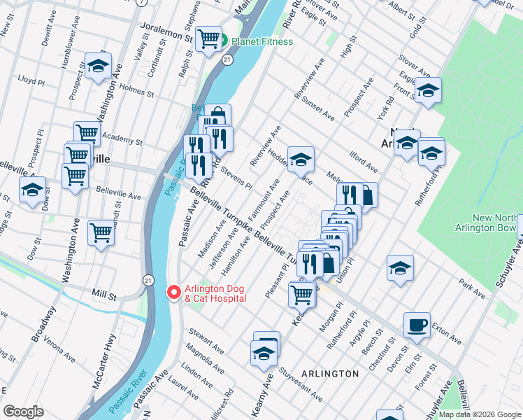 map of restaurants, bars, coffee shops, grocery stores, and more near 30 Fairmount Avenue in North Arlington