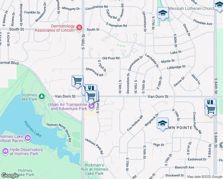 map of restaurants, bars, coffee shops, grocery stores, and more near 7208 Van Dorn Street in Lincoln