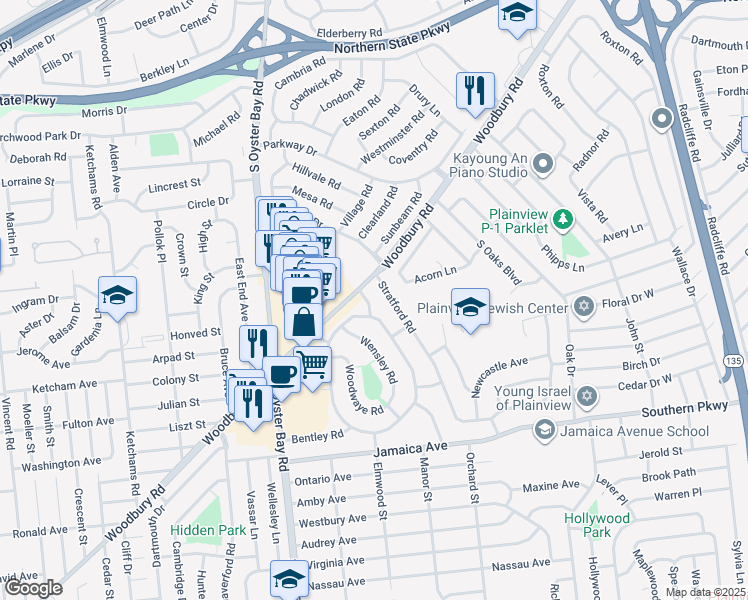 map of restaurants, bars, coffee shops, grocery stores, and more near 6 East Gate in Plainview
