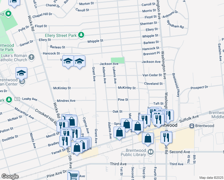 map of restaurants, bars, coffee shops, grocery stores, and more near 82 McKinley Street in Brentwood