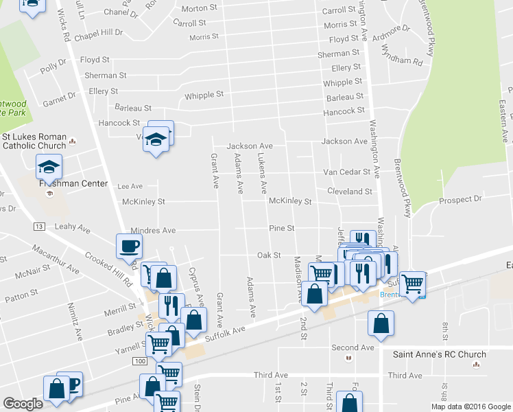 map of restaurants, bars, coffee shops, grocery stores, and more near 82 McKinley Street in Brentwood